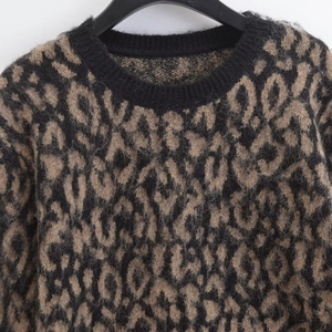 Chic leopard print knit sweater for women with crew neck and soft mohair texture