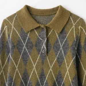 Women's autumn argyle knit polo sweater with olive green diamond pattern and buttons