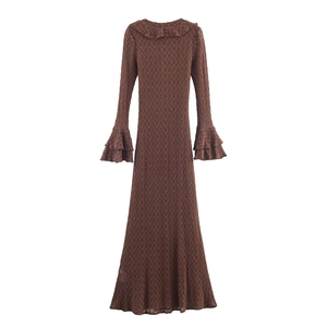 Elegant dark brown hollow knit dress with ruffled collar and flared layered sleeves