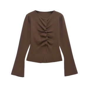 Women's dark brown ruched knit sweater with button front and flared sleeves
