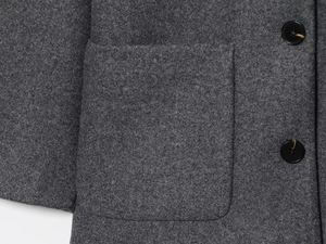 Detail of dark grey wool blend coat featuring textured fabric, large pocket and black buttons