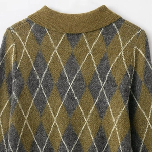 Diamond knit polo sweater in olive green and grey with soft textured fabric