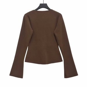 Slim fit dark brown long sleeve knit sweater with bell sleeves and textured fabric