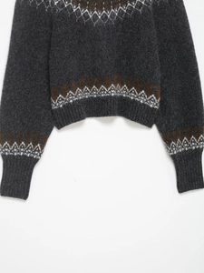 Detailed view of Fair Isle geometric jacquard patterns on dark grey knit sweater hem