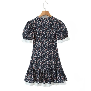 Floral short sleeve mini dress with puff sleeves and white lace trim in navy blue style