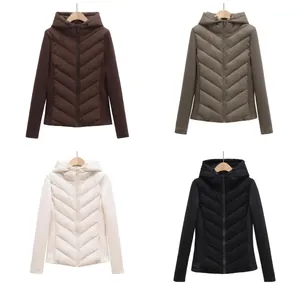 Women Fashion Hooded Padded Jacket Winter Warm Chevron Quilted Splicing Sleeve Slim Fit Outdoor Cotton Padded Coat