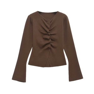 Brown long sleeve knitted sweater with ruched front and elegant flare sleeves