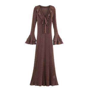 Women Sexy Bodycon Maxi Dress Knit Lace Hollow Out Ruffle V-Neck Tie-Up Flare Sleeve Coffee Long Elegant
