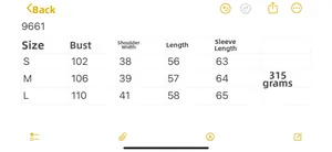 Size chart table for women's long sleeve knit sweater showing bust and shoulder measurements