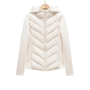 Slim fit white hooded lightweight down jacket with herringbone quilted stitching design
