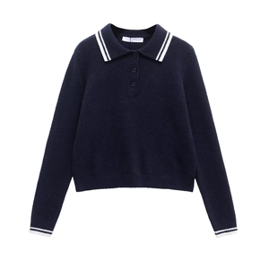 Women Casual Knit Polo Sweater Contrast Stripe Long Sleeve Slim Fit Pullover Preppy Style Knitwear Fashion Autumn Winter Top