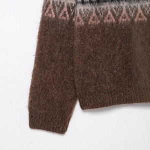 Retro brown jacquard knit sweater with geometric triangle patterns and fuzzy mohair texture