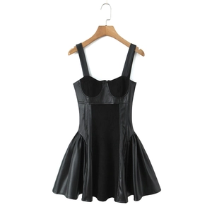 Robe Mini Sexy Rétro Français pour Femmes Cuir PU Patchwork Coupe Ajustée Taille Haute Sans Manches Style Corset Plissée Fête