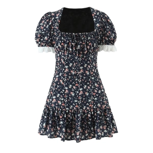 Floral navy mini dress with square neck, puff sleeves, and white lace trim detail