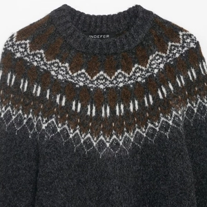 Women's charcoal grey Fair Isle jacquard knit sweater with geometric patterned crew neck