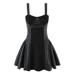 Robe courte corset vintage française en cuir PU noir avec taille mince et jupe plissée