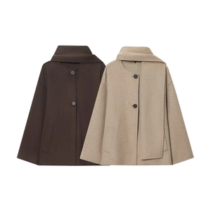 Fashion Women Short Woolen Coat With Matching Scarf Button Up Solid Color Minimalist Long Sleeve Jacket Autumn Winter