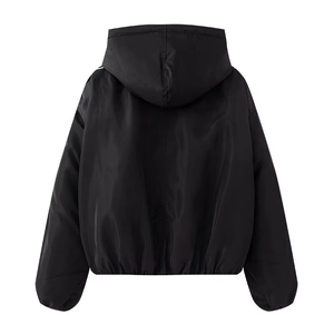 Rear view of black hooded jacket with dropped shoulders and elastic cuffs in high detail