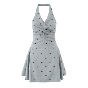 Detail of 3D rose flower on a gray French vintage style flocked bow halter dress