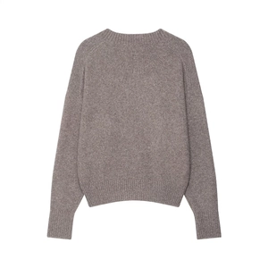 Back view of classic tan long-sleeve knit sweater with ribbed cuffs and raglan sleeves