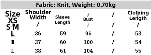Size guide table for women's knit jacket with fur collar showing measurements and weight