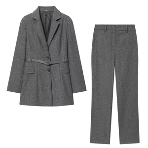 Ensemble Blazer Et Pantalon Décontracté Élégant Pour Femme Avec Ceinture Revers Manches Longues Laine Polyester Gris Foncé