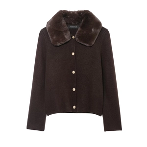 Women's Elegant Knit Cardigan With Faux Fur Collar Gold Anchor Button Single Breasted Long Sleeve Warm Jacket Outerwear