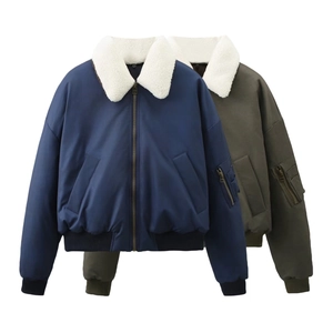 Blouson Bombardier Décontracté pour Femmes Avec Col en Fausse Fourrure Manteau d'Hiver Rembourré Chaud Fermeture Éclair Bords-Côtes