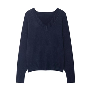 Classic dark blue V-neck knit sweater featuring ribbed cuffs and a loose fit for autumn