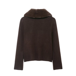 Rear view of brown knit cardigan featuring a textured faux fur collar and sleek fit