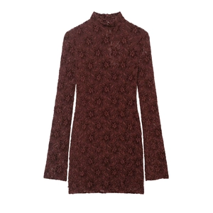 Women Elegant Wine Red Lace Mini Dress Long Sleeve Mock Neck Slim Fit A-Line Party Evening Clubwear Short Dress