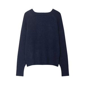 Dark blue long sleeve knit sweater with ribbed cuffs and relaxed fit on white background