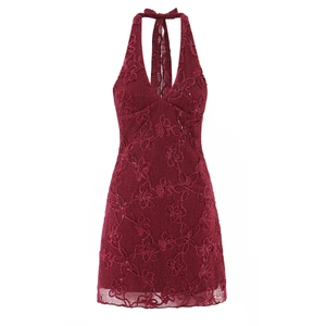 Detailed view of burgundy mesh lace dress featuring intricate floral embroidery and sequins