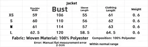 Größentabelle für Damen-Samtjacke mit Maßen in cm und 100% Polyester-Stoffinformationen