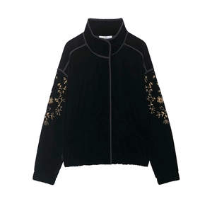 Damen Vintage Samtjacke Mit Goldener Blumenstickerei Stehkragen Lockere Reißverschluss Langarm Herbst Winter Oberbekleidung