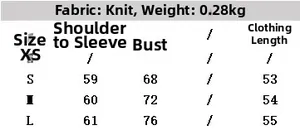 Size chart for off-shoulder knitted top showing measurements from S to L in centimeters