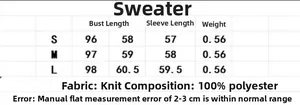 Größentabelle für schulterfreien Strickpullover mit Maßen in S, M, L und Material