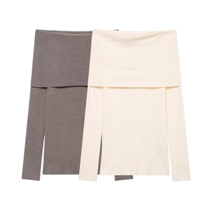 Women Off-The-Shoulder Long Sleeve Knit Top Pleated Loose Fit Polyester Sweater Casual Streetwear Pullover Autumn Winter