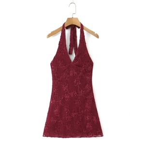 Women Halter Neck V-Neck Mesh Sequined Floral Mini Dress Sexy Backless Bodycon Party Sleeveless Dark Red Dress