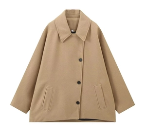 Détail de la veste en laine camel montrant le grand revers et le boutonnage simple
