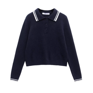 Suéter de Polo de Punto Casual para Mujer Rayas en Contraste Manga Larga Ajustado Jersey Estilo Preppy Prenda de Punto Moda Otoño Invierno