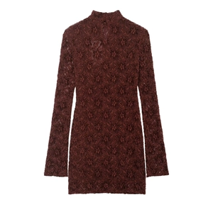 Detail of burgundy lace mini dress showing floral embroidery and mock neck design
