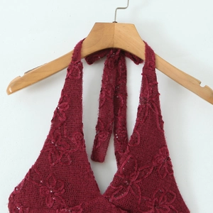 Elegant wine red halter neck top featuring mesh floral flocking and sparkling sequins