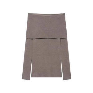 Detailed view of the off-shoulder folded neckline on this dark taupe knit sweater top