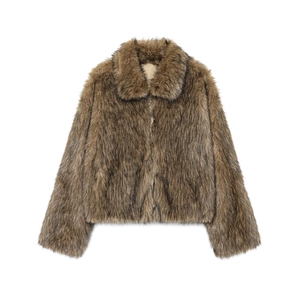 Veste en fausse fourrure marron avec grand revers et fermeture éclair pour l'hiver