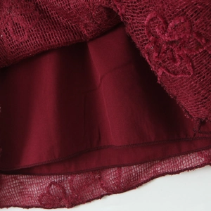 Elegant wine red mesh sequin halter dress featuring intricate floral lace and premium lining