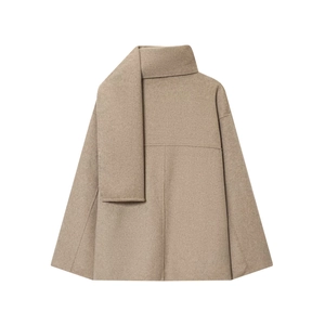Short wool coat for women with integrated scarf collar in khaki earth tone