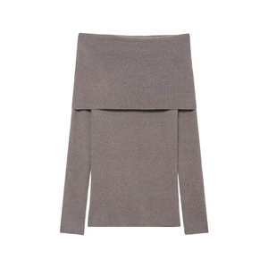 Detailed view of the fine ribbed texture and fold-over neckline on this taupe knit top