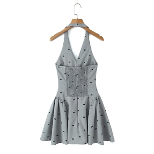 French Vintage Grey Halter Dress 3D Rose Flocked Bowknot Print Stretchy Polyester Mini A-Line Party Dress For Women