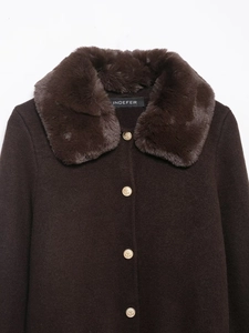 Dark brown knit coat featuring a plush faux fur collar and decorative gold anchor buttons